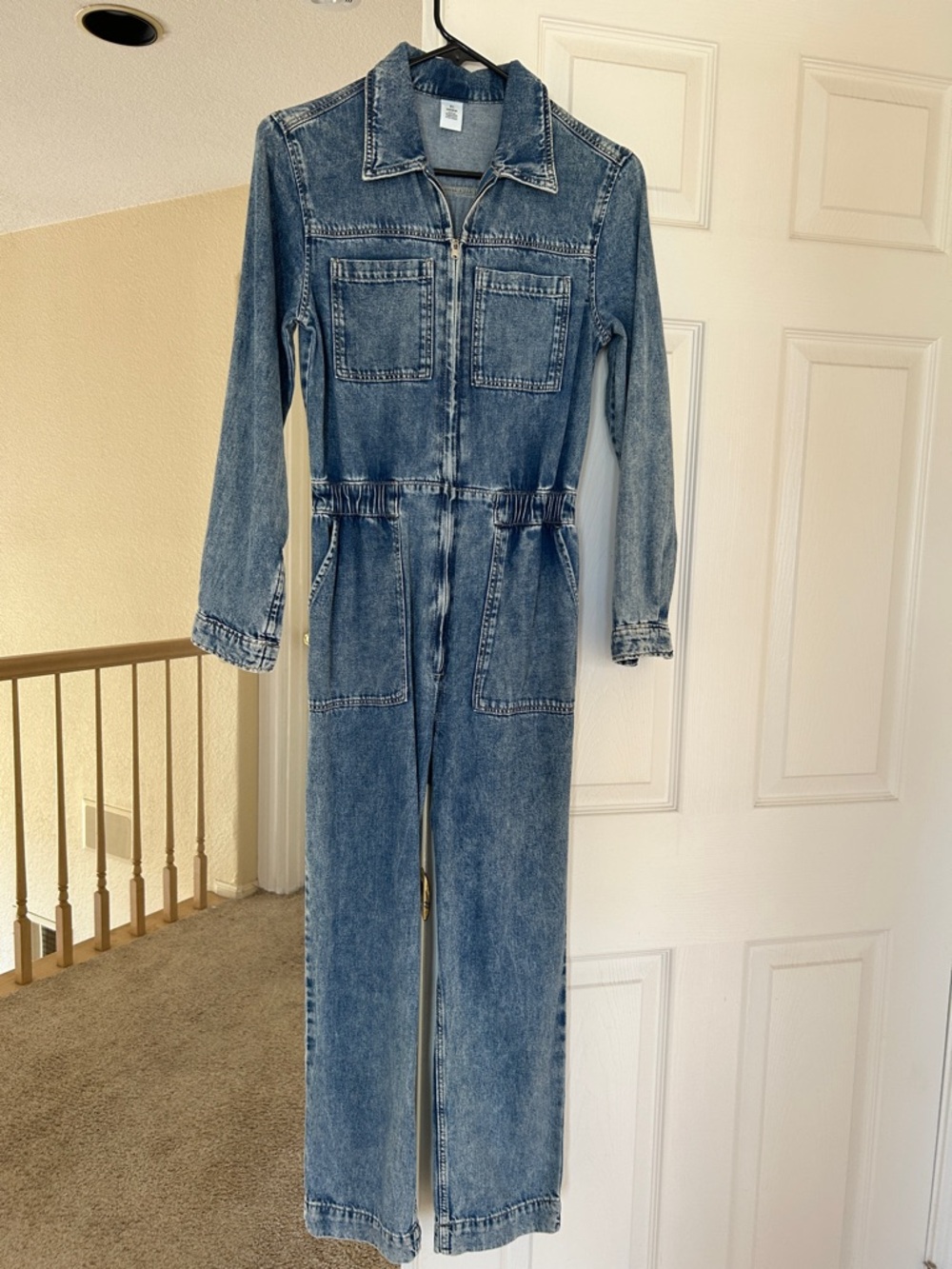 Denim Zip-Front Jumpsuit in Medium Blue